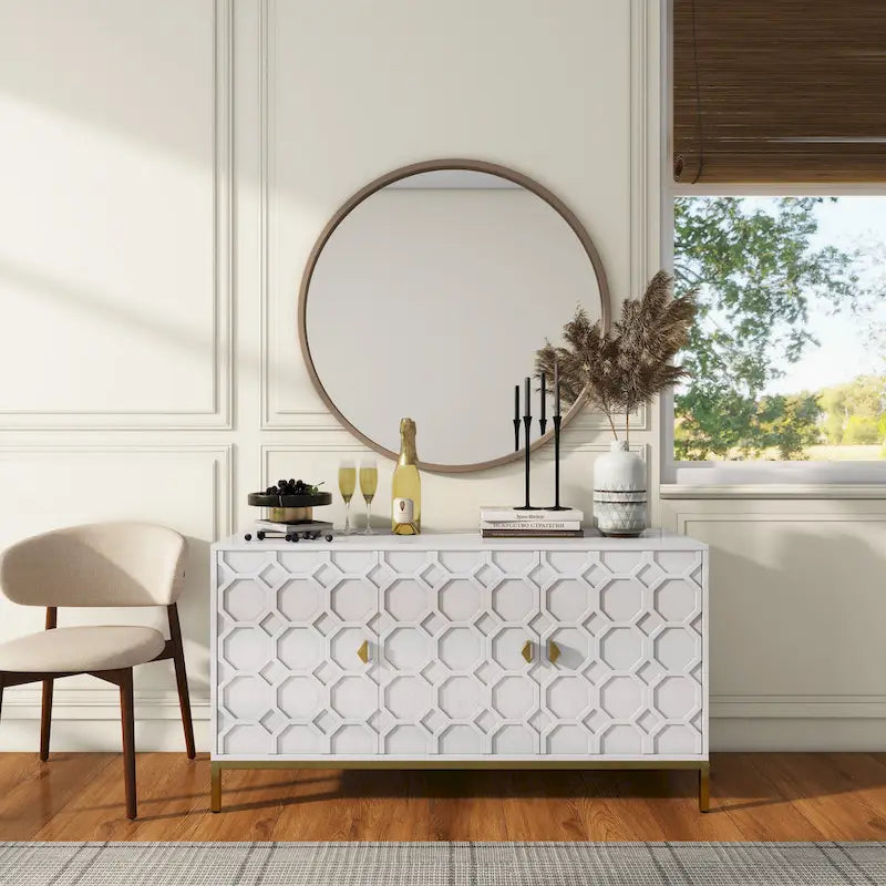 3-Door Glossy Sideboard Cabinet with Honeycomb Door Pattern Gold Metal Legs and Adjustable Shelves