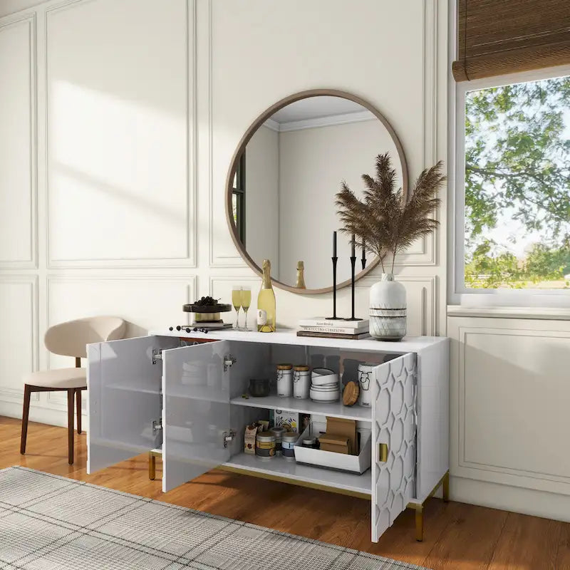 3-Door Glossy Sideboard Cabinet with Honeycomb Door Pattern Gold Metal Legs and Adjustable Shelves