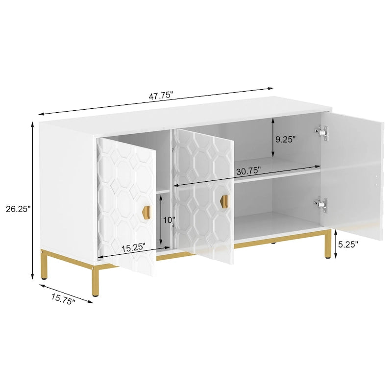 3-Door Glossy Sideboard Cabinet with Honeycomb Door Pattern Gold Metal Legs and Adjustable Shelves