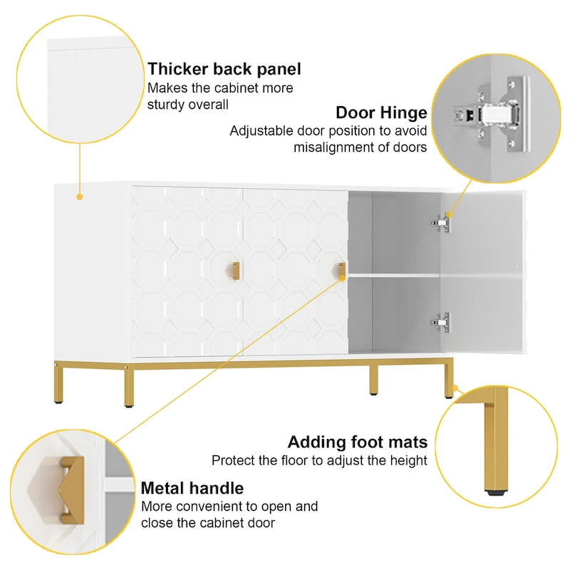 3-Door Glossy Sideboard Cabinet with Honeycomb Door Pattern Gold Metal Legs and Adjustable Shelves