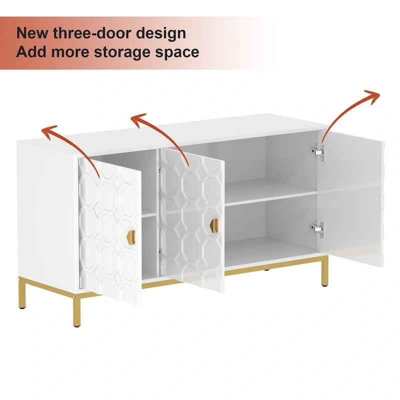 3-Door Glossy Sideboard Cabinet with Honeycomb Door Pattern Gold Metal Legs and Adjustable Shelves