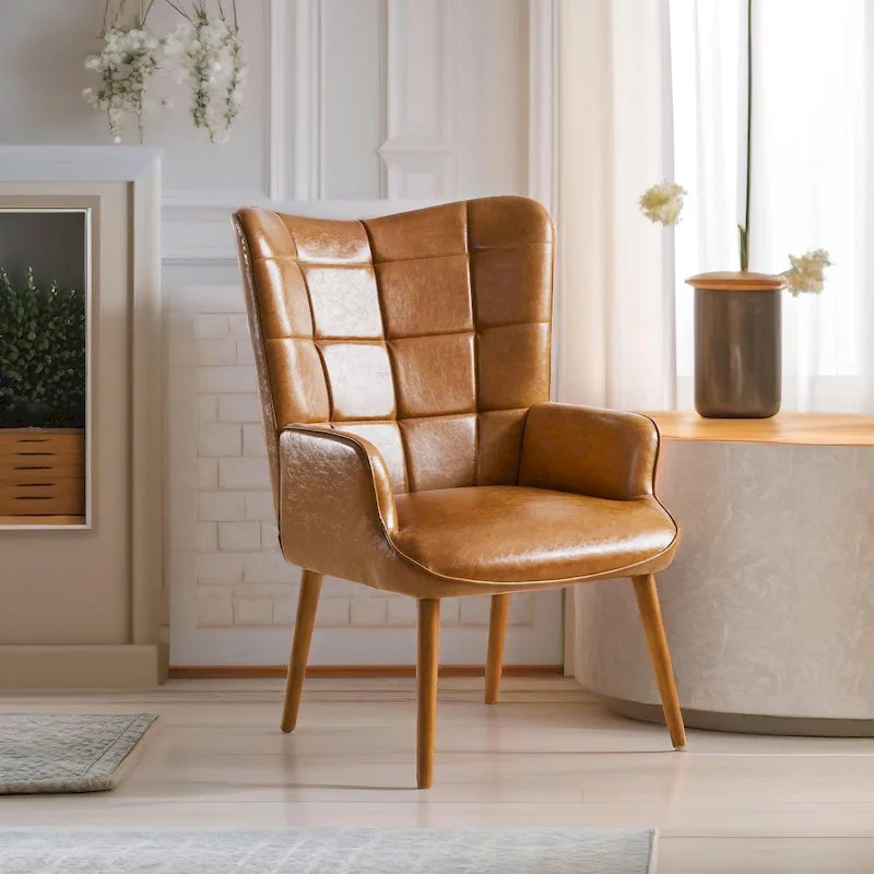 Modern High-Back Wingback Accent Chair Tufted Faux Leather with Solid Wood Legs