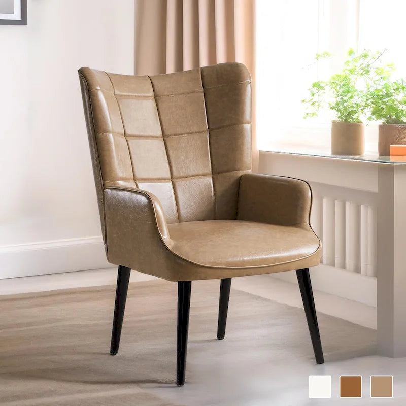 Modern High-Back Wingback Accent Chair Tufted Faux Leather with Solid Wood Legs