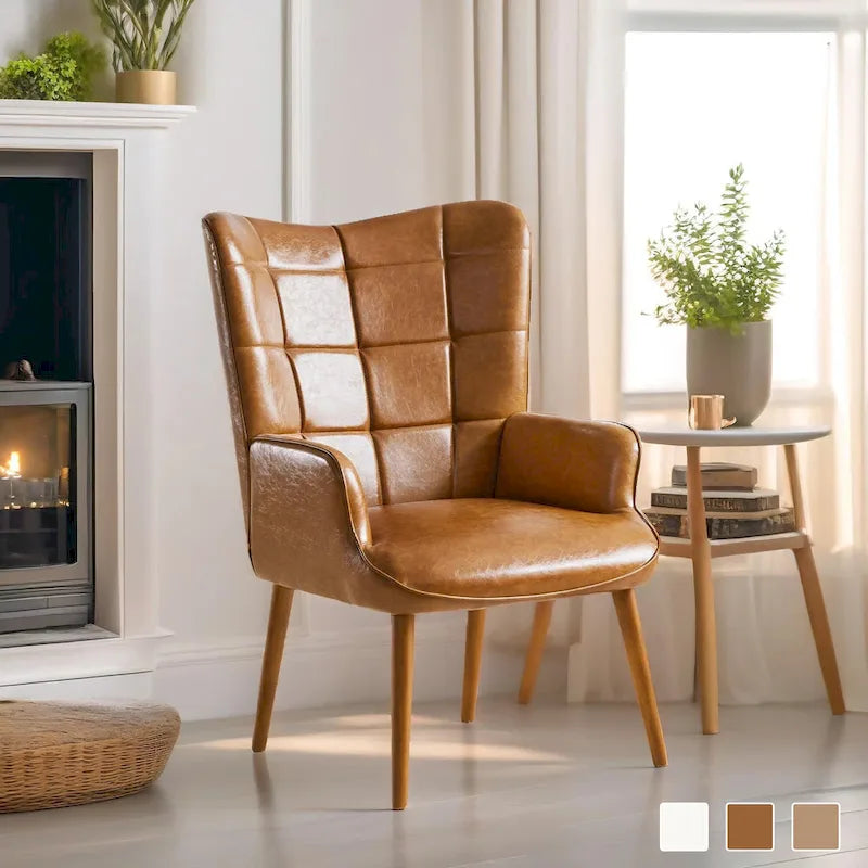 Modern High-Back Wingback Accent Chair Tufted Faux Leather with Solid Wood Legs