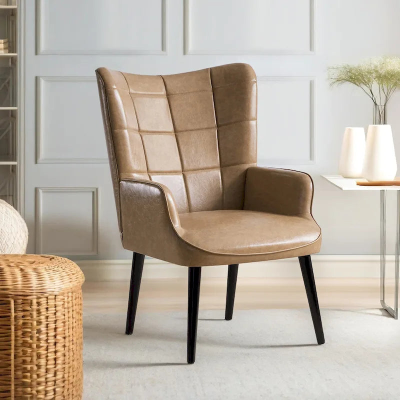 Modern High-Back Wingback Accent Chair Tufted Faux Leather with Solid Wood Legs
