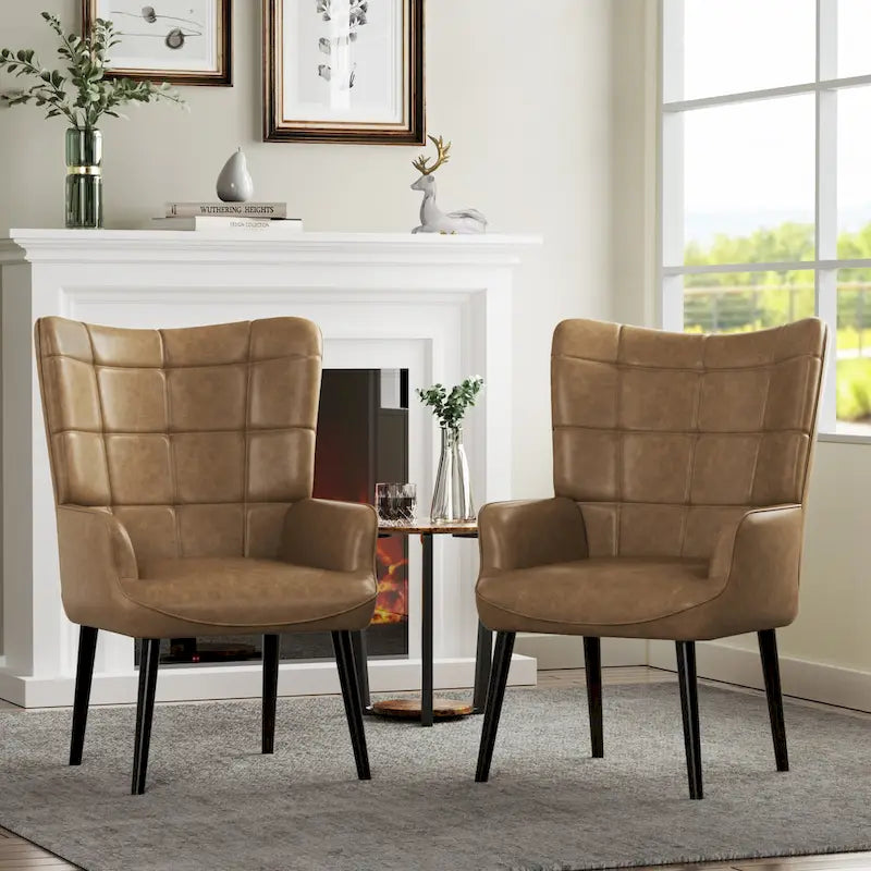 Modern High-Back Wingback Accent Chair Tufted Faux Leather with Solid Wood Legs