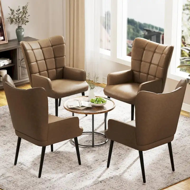 Modern High-Back Wingback Accent Chair Tufted Faux Leather with Solid Wood Legs