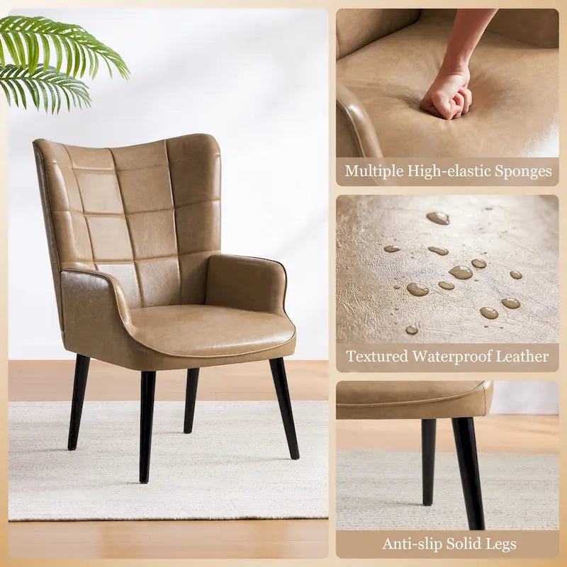 Modern High-Back Wingback Accent Chair Tufted Faux Leather with Solid Wood Legs