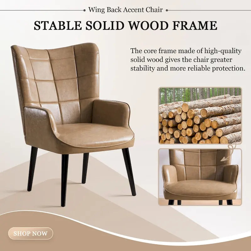 Modern High-Back Wingback Accent Chair Tufted Faux Leather with Solid Wood Legs