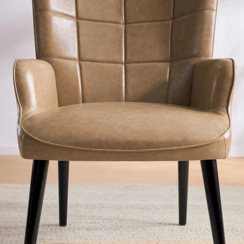 Modern High-Back Wingback Accent Chair Tufted Faux Leather with Solid Wood Legs