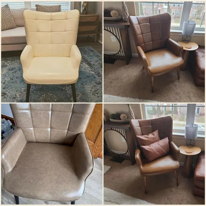Modern High-Back Wingback Accent Chair Tufted Faux Leather with Solid Wood Legs