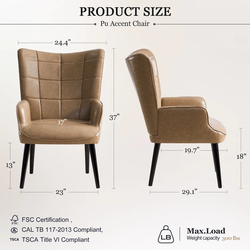 Modern High-Back Wingback Accent Chair Tufted Faux Leather with Solid Wood Legs