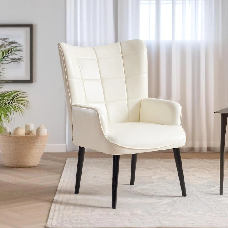 Modern High-Back Wingback Accent Chair Tufted Faux Leather with Solid Wood Legs