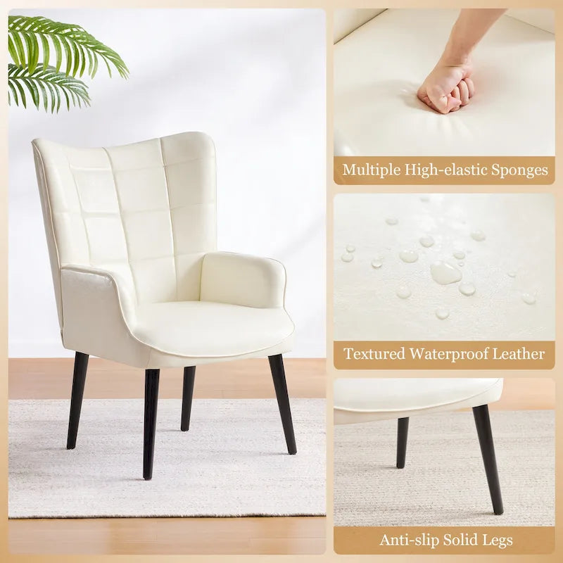 Modern High-Back Wingback Accent Chair Tufted Faux Leather with Solid Wood Legs