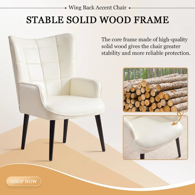 Modern High-Back Wingback Accent Chair Tufted Faux Leather with Solid Wood Legs