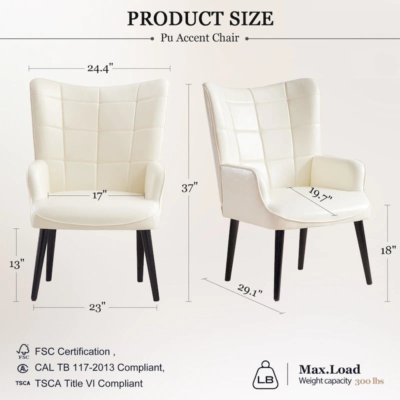 Modern High-Back Wingback Accent Chair Tufted Faux Leather with Solid Wood Legs