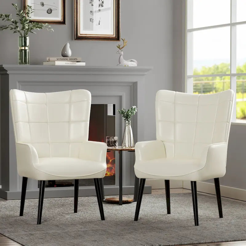 Modern High-Back Wingback Accent Chair Tufted Faux Leather with Solid Wood Legs