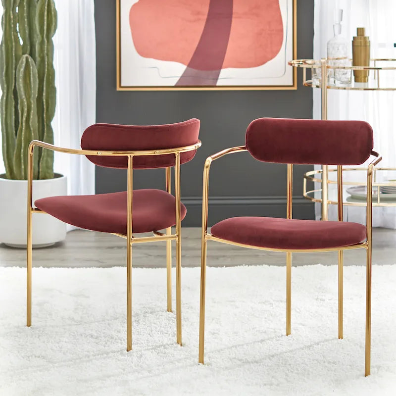 Retro Glam Velvet Dining Arm Chair with Gold Metal Frame Curved Back