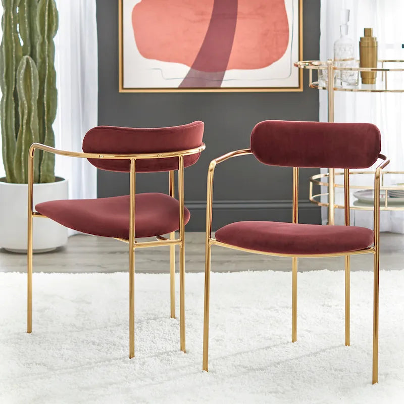Retro Glam Velvet Dining Arm Chair with Gold Metal Frame Curved Back
