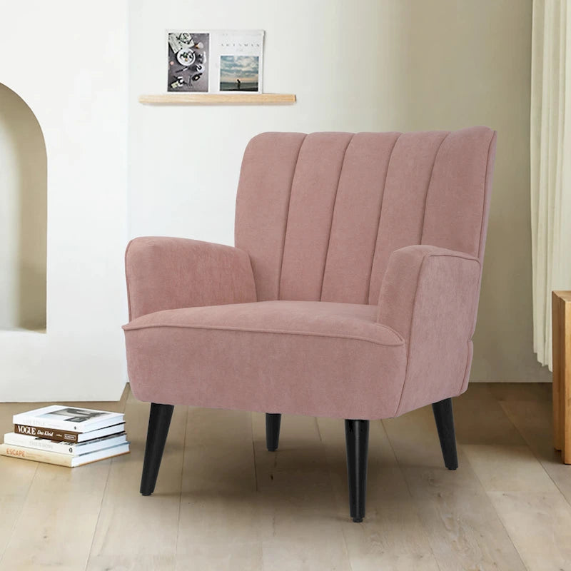 Channel-Tufted Accent Armchair with Terry Cloth Upholstery and Solid Wood Legs