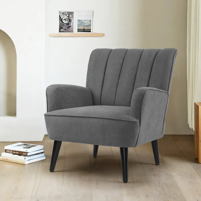 Channel-Tufted Accent Armchair with Terry Cloth Upholstery and Solid Wood Legs