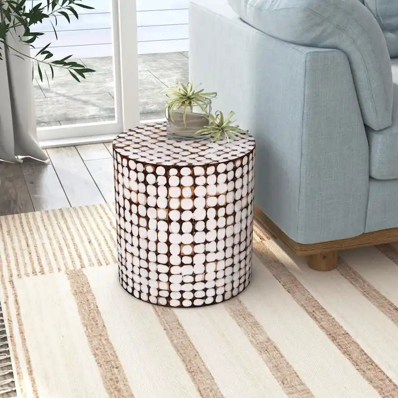 Round Handmade Coconut Shell Mosaic Accent Table Distressed Finish Coastal Style
