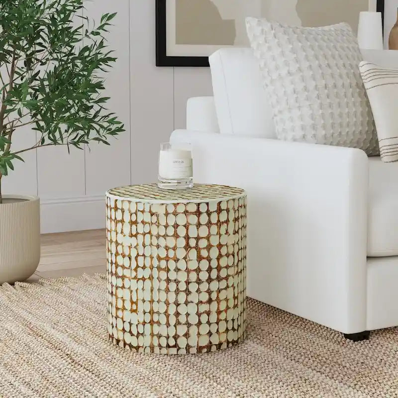 Round Handmade Coconut Shell Mosaic Accent Table Distressed Finish Coastal Style