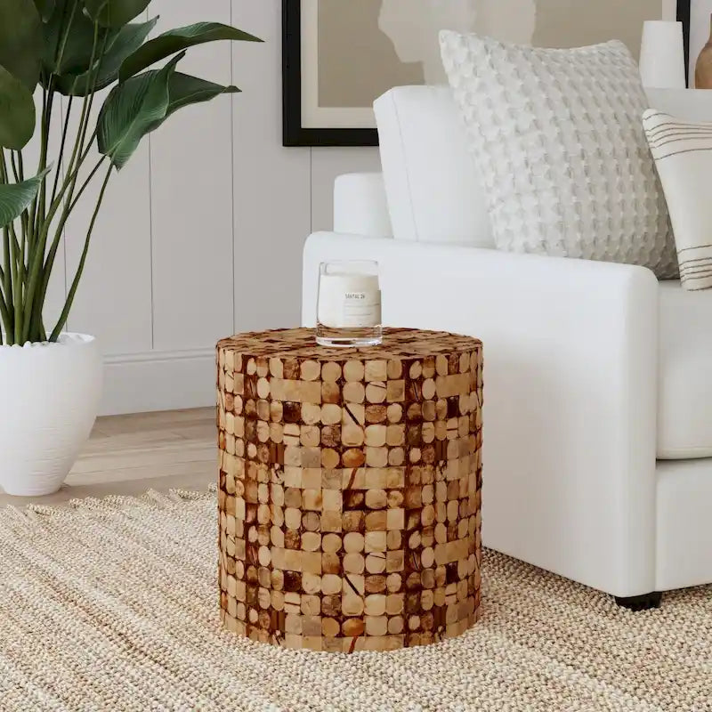 Round Handmade Coconut Shell Mosaic Accent Table Distressed Finish Coastal Style