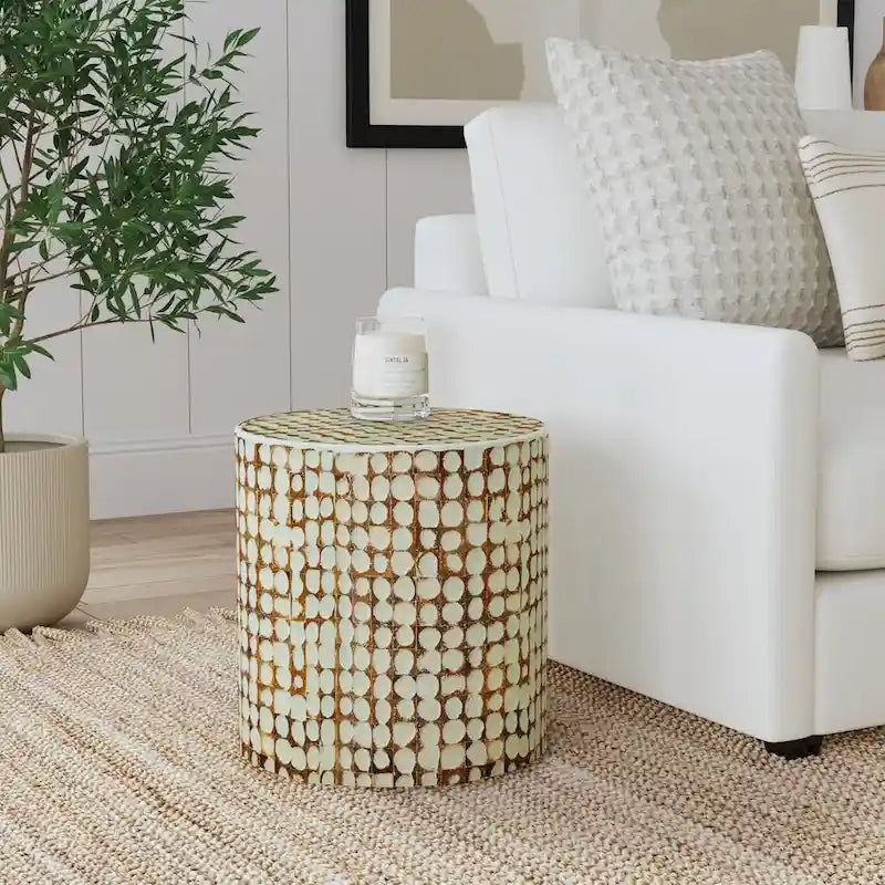 Round Handmade Coconut Shell Mosaic Accent Table Distressed Finish Coastal Style