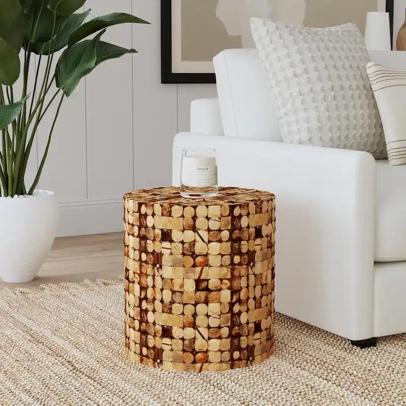 Round Handmade Coconut Shell Mosaic Accent Table Distressed Finish Coastal Style