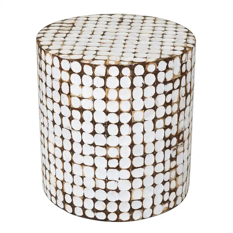 Round Handmade Coconut Shell Mosaic Accent Table Distressed Finish Coastal Style