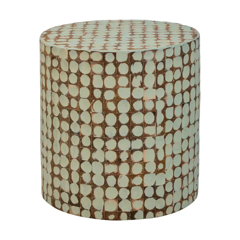 Round Handmade Coconut Shell Mosaic Accent Table Distressed Finish Coastal Style