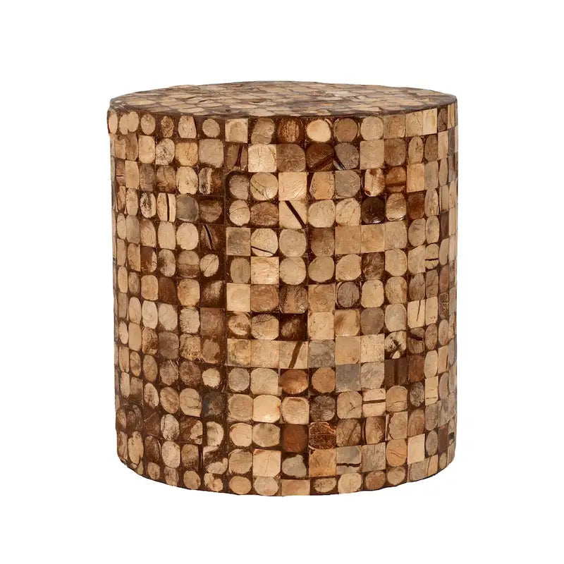 Round Handmade Coconut Shell Mosaic Accent Table Distressed Finish Coastal Style