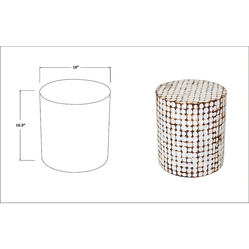 Round Handmade Coconut Shell Mosaic Accent Table Distressed Finish Coastal Style