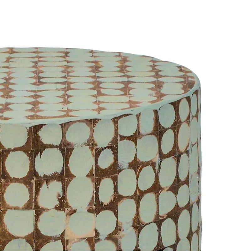 Round Handmade Coconut Shell Mosaic Accent Table Distressed Finish Coastal Style