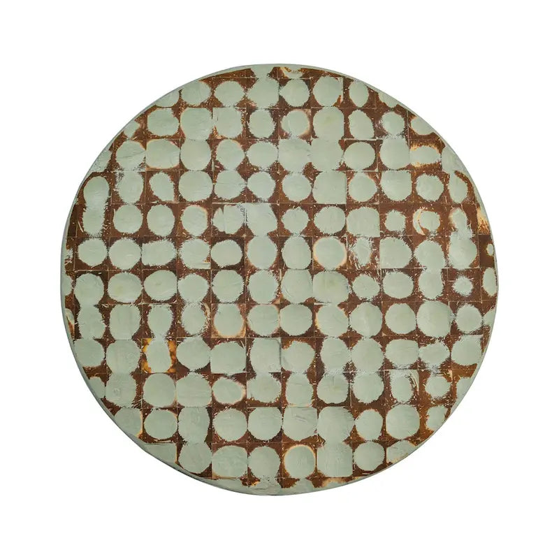 Round Handmade Coconut Shell Mosaic Accent Table Distressed Finish Coastal Style