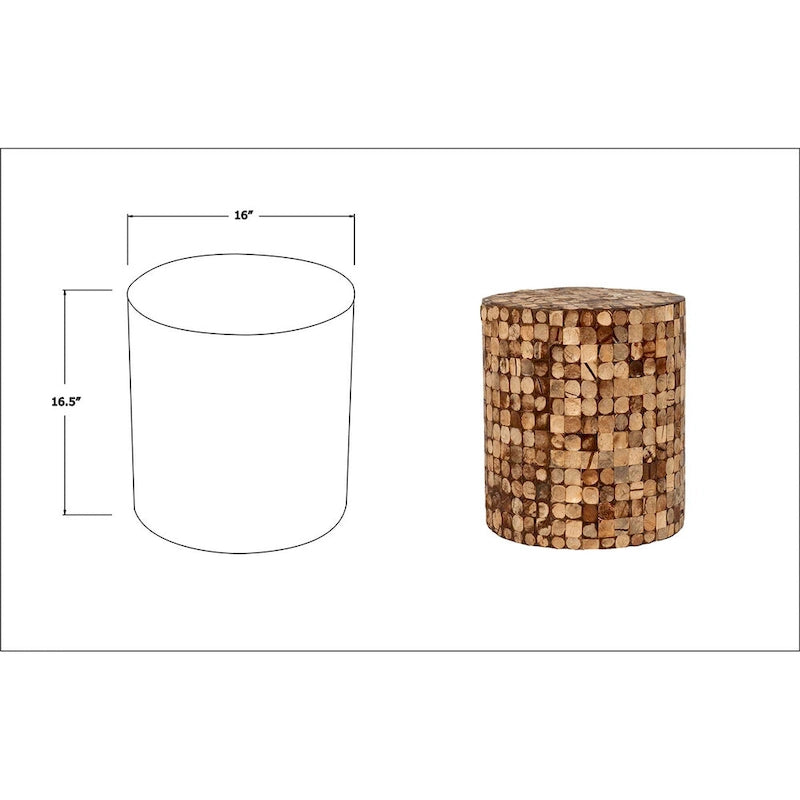 Round Handmade Coconut Shell Mosaic Accent Table Distressed Finish Coastal Style
