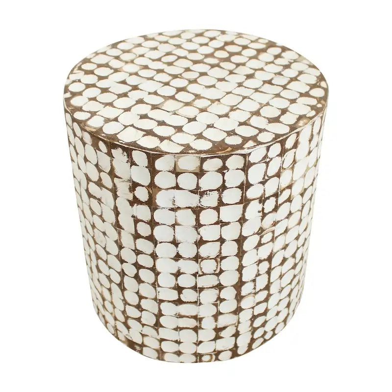 Round Handmade Coconut Shell Mosaic Accent Table Distressed Finish Coastal Style