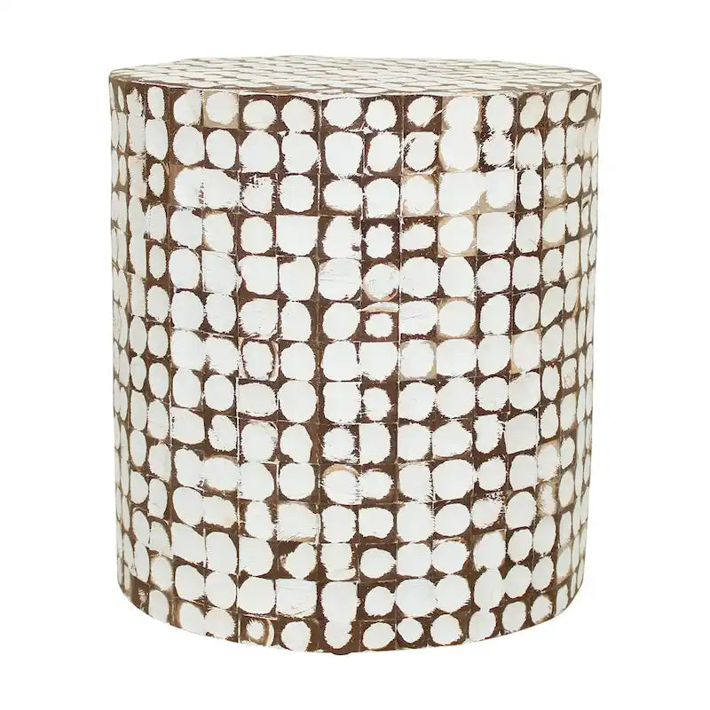 Round Handmade Coconut Shell Mosaic Accent Table Distressed Finish Coastal Style