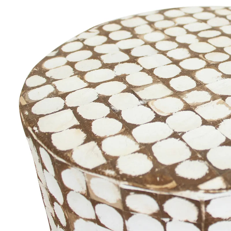 Round Handmade Coconut Shell Mosaic Accent Table Distressed Finish Coastal Style