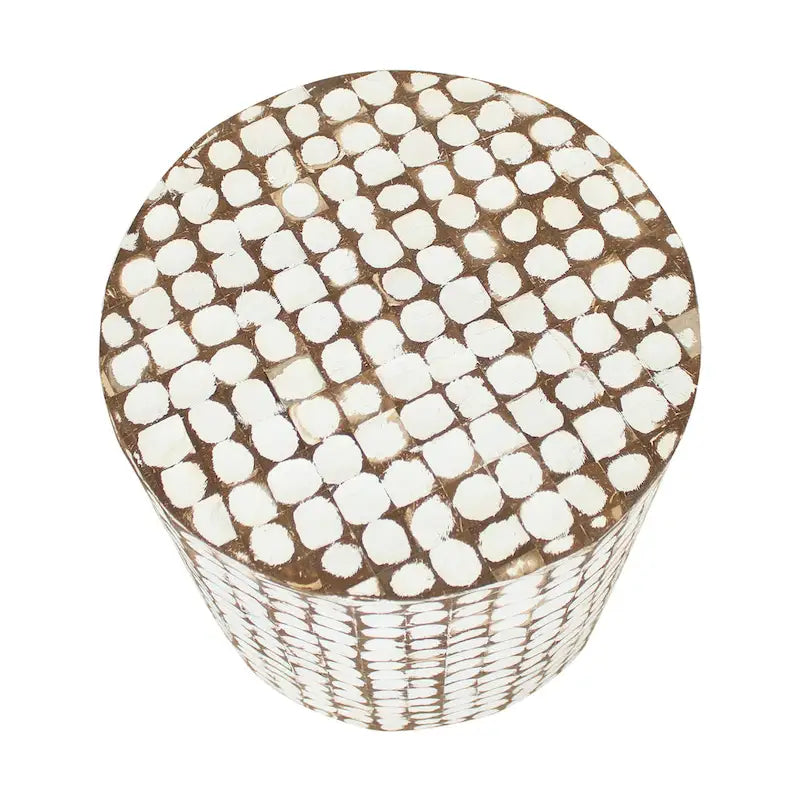 Round Handmade Coconut Shell Mosaic Accent Table Distressed Finish Coastal Style