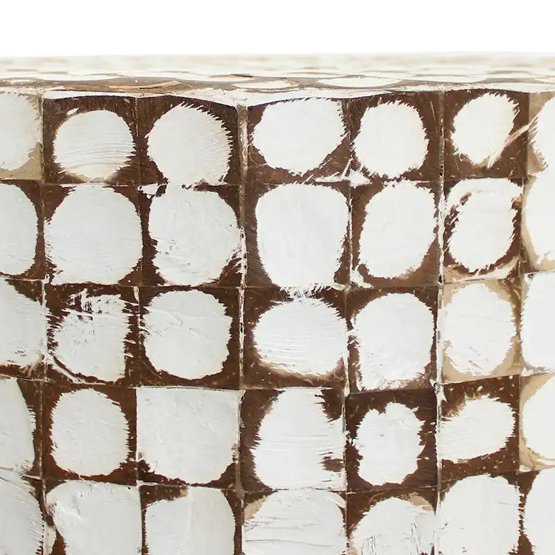 Round Handmade Coconut Shell Mosaic Accent Table Distressed Finish Coastal Style