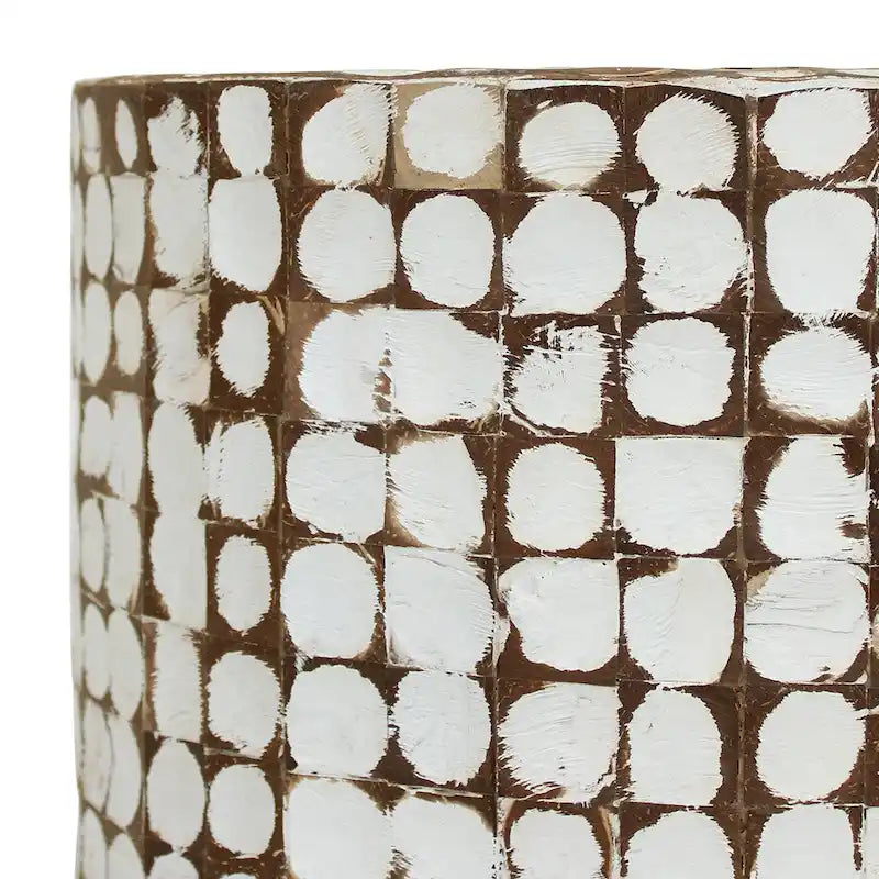 Round Handmade Coconut Shell Mosaic Accent Table Distressed Finish Coastal Style