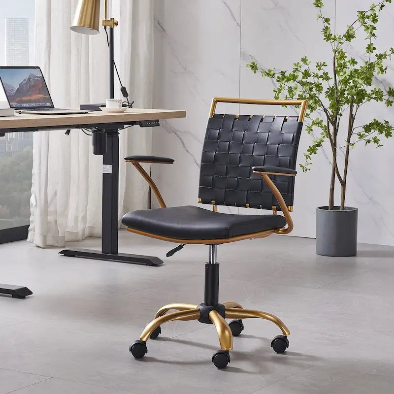 Woven Faux Leather Office Chair with Gold Steel Frame Z-Shaped Arms and 360-Degree Swivel