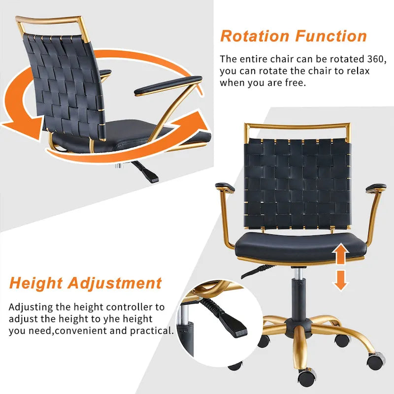 Woven Faux Leather Office Chair with Gold Steel Frame Z-Shaped Arms and 360-Degree Swivel