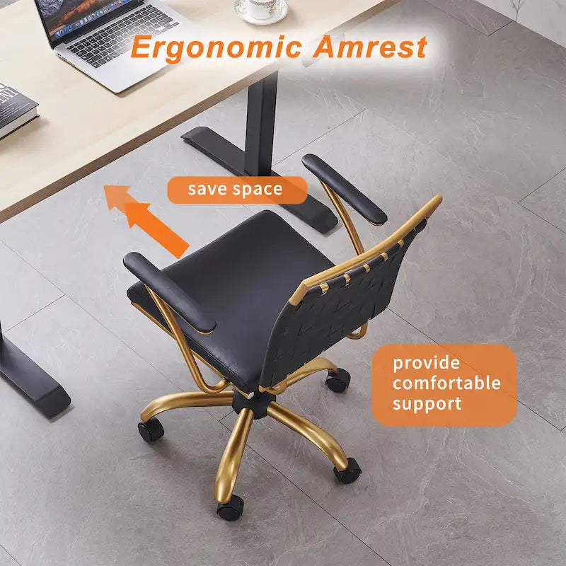 Woven Faux Leather Office Chair with Gold Steel Frame Z-Shaped Arms and 360-Degree Swivel