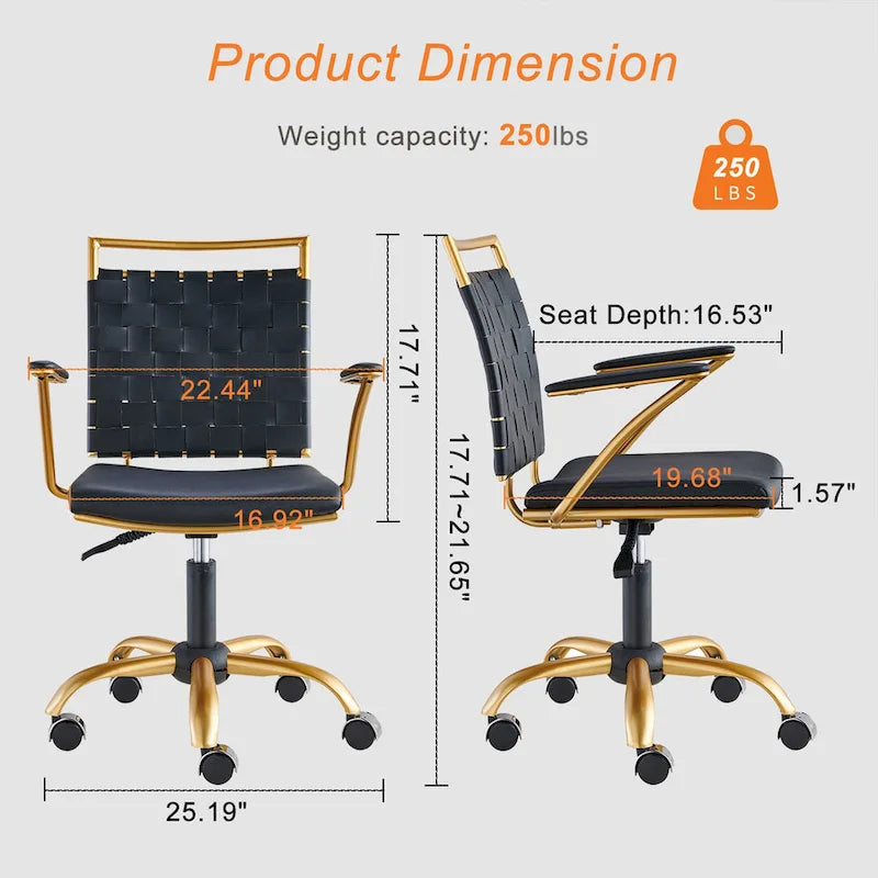 Woven Faux Leather Office Chair with Gold Steel Frame Z-Shaped Arms and 360-Degree Swivel