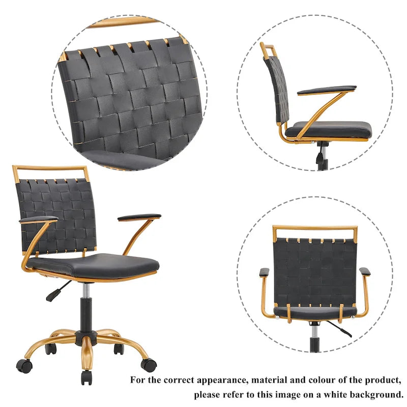 Woven Faux Leather Office Chair with Gold Steel Frame Z-Shaped Arms and 360-Degree Swivel