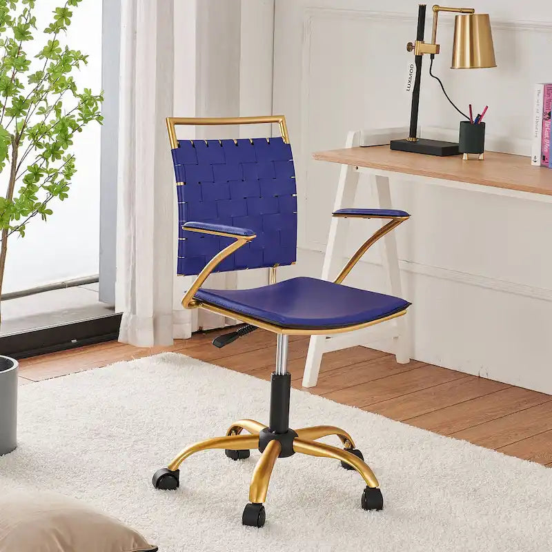 Woven Faux Leather Office Chair with Gold Steel Frame Z-Shaped Arms and 360-Degree Swivel
