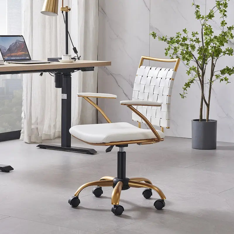 Woven Faux Leather Office Chair with Gold Steel Frame Z-Shaped Arms and 360-Degree Swivel